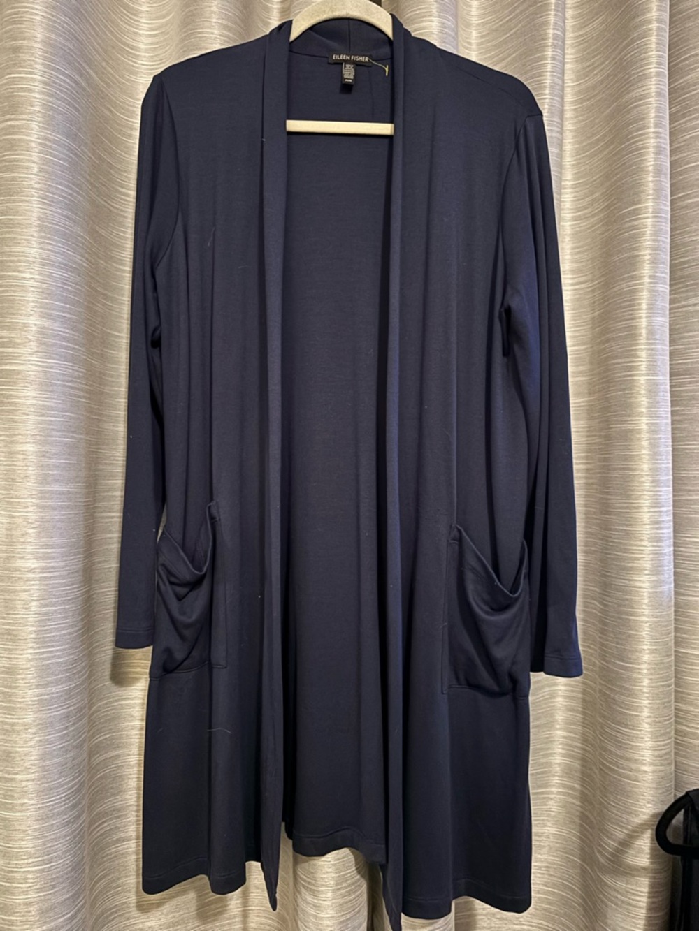 Eileen Fisher Navy Long Open Front Cardigan Duster Tencel Relaxed Layer Medium